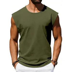 Detailed view of men's olive green sleeveless tank top featuring a soft round neck