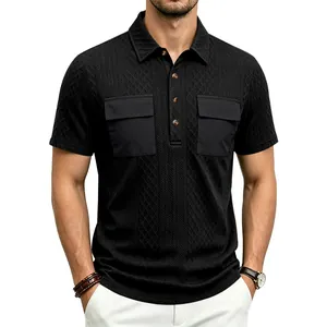 Detail of men's black jacquard polo shirt featuring dual cargo pockets and textured fabric