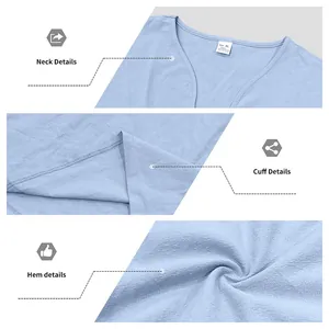 Detailed macro views showing neck, cuff, and hem on a light blue casual linen shirt