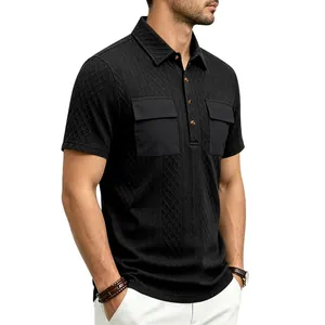 Detailed view of black jacquard men's polo shirt featuring functional cargo pockets