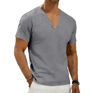 Detailed close-up view of a men's casual grey linen short-sleeved shirt with a deep V-neck