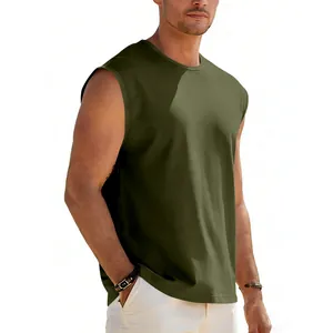 Close-up of men's loose dark olive sleeveless tank top in breathable fabric for athletic wear