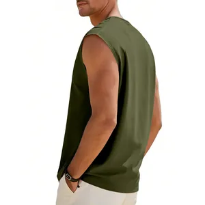 Side view of an olive green men's loose fit sleeveless tank top with a crew neck