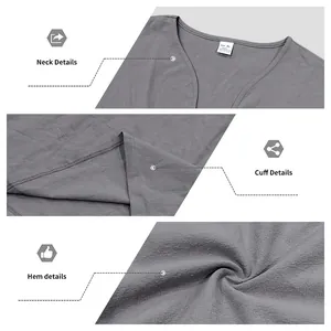 Close-up detail shots showing the neck, cuff and hem of a gray linen-style men's shirt.