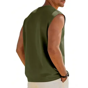 Back view of men's loose sleeveless olive green vest, comfortable casual sportswear