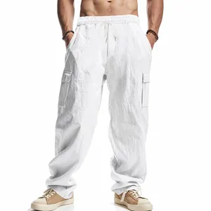 Men Casual Linen Cargo Pants Summer Breathable Loose Fit Straight Leg Cotton Blend Trousers With Multi Pockets For Daily Wear