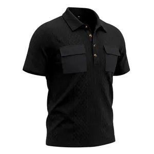 Detailed close-up view of a black jacquard knit polo shirt with functional flap pockets