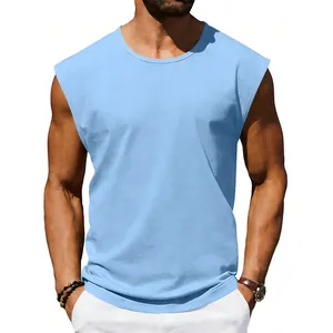 Detail shot of men's light blue sleeveless tank top in a solid color casual style