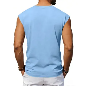 Back view of a light blue sleeveless men's tank top with a relaxed athletic fit.