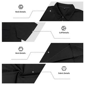 Detailed views of neck, cuff, hem, and jacquard fabric of black men's summer polo shirt.