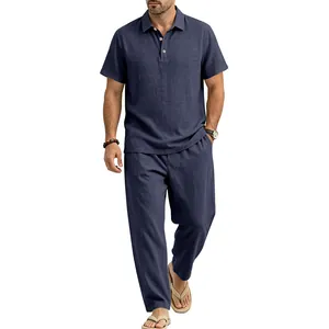Detailansicht Herren Sommer-Leinen-Polohemd und Hosen-Set in Marineblau