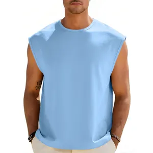 Close-up view of a light blue men's sleeveless crew neck tank top, perfect for casual wear.