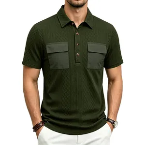 Front detail of men's olive green jacquard Polo shirt with double chest pockets.