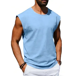 Close-up detail shot of a light blue sleeveless casual cotton tank top for active men.