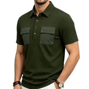 Detail view of men's dark green jacquard polo shirt featuring dual chest cargo pockets