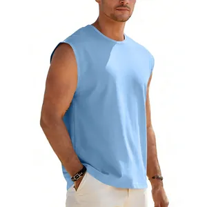Detailed side view of a light blue sleeveless t-shirt for men showing loose fit.