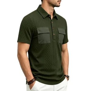 Detailed view of dark green jacquard men's Polo shirt featuring double chest pockets