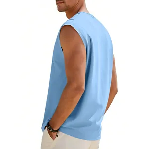 Side view of a light blue sleeveless sports tank top for men, breathable casual loose fit.