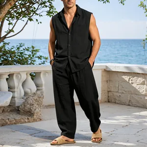 Stylish men's black sleeveless linen shirt and wide-leg trousers set for beach resort vacation