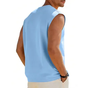 Detailed back view of a light blue sleeveless men's casual sports cotton tank top
