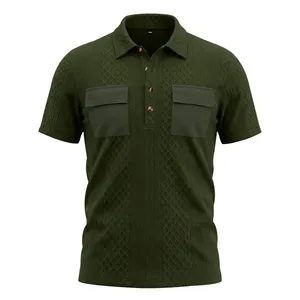 Detail view of men's dark green jacquard polo shirt featuring double front pockets