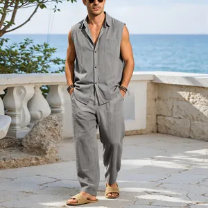 Men's grey cotton linen two-piece set with sleeveless shirt and long pants for resort wear