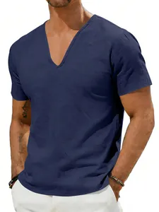 Men's casual navy blue V-neck linen short sleeve t-shirt shown on a professional model