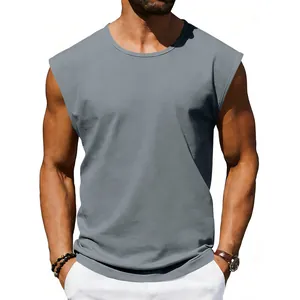 A detailed view of a men's casual solid grey sleeveless tank top with a round neck