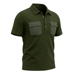 Detail view of olive green jacquard polo shirt showing chest pockets and texture.