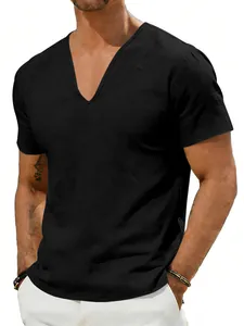 Men's casual V-neck short sleeve black linen shirt in a relaxed fit style.