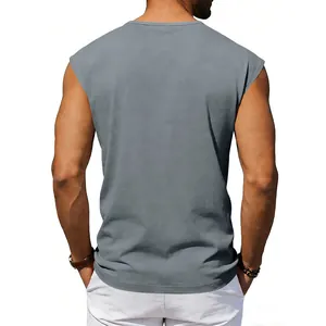 Detailed back view of a gray sleeveless tank top for men featuring a loose casual fit
