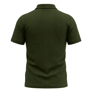 Detailed back view of olive green men's jacquard polo shirt with textured fabric pattern.