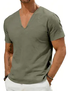 Casual men's V-neck short-sleeved t-shirt made of army green breathable linen fabric