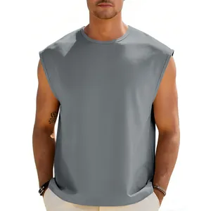 Close-up detail of a minimalist grey sleeveless muscle tee for men in a relaxed loose fit
