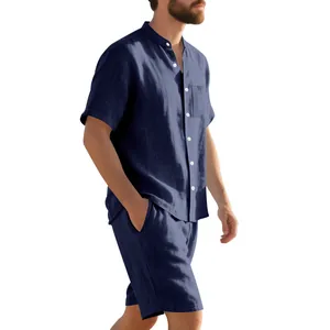 Ανδρικό σετ λινό πουκάμισο Henley και σορτς σε μπλε σκούρο για καλοκαιρινή χρήση
