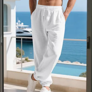 Men's breathable white cotton linen joggers perfect for summer beach casual wear lifestyle
