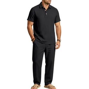 Detailansicht eines schwarzen Herren-Leinensets mit Kurzarm-Poloshirt und langer Hose