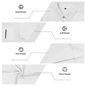 Detailansichten von weißem Jacquard-Poloshirt mit Kragen, Manschette, Saum und Stoff