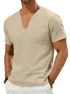 Men's casual V-neck short sleeve linen t-shirt in sandy beige color for summer wear