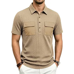 Close-up of men's khaki textured jacquard polo shirt with dual cargo chest pockets