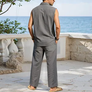 Back view of a men's grey breathable linen sleeveless shirt and matching long pants set