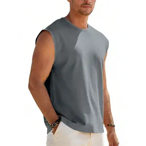Close-up detail of a men's loose fit sleeveless grey tank top with a classic crew neck