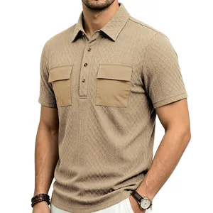 Close-up detail of men's tan jacquard polo shirt featuring dual cargo chest pockets