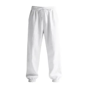 Macro view of breathable white cotton linen fabric on men's casual drawstring joggers