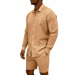 Ensemble chemise en lin à manches longues et short pour homme couleur camel style décontracté