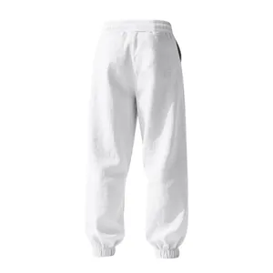 Detailed back view of men's white linen joggers featuring elastic waist and cuffs