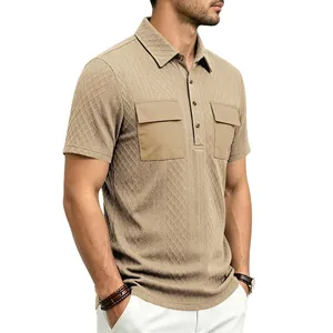 Detail view of men's short-sleeved polo shirt with jacquard texture and utility pockets