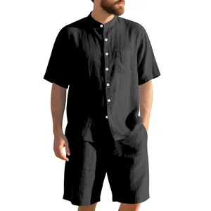Ανδρικό μαύρο λινό σετ με πουκάμισο Henley με κοντό μανίκι και σορτς για το καλοκαίρι