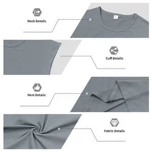 Detail view of neckline, cuff, hem and fabric of a grey men's sleeveless T-shirt.