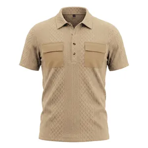Detailed view of a khaki jacquard knit polo shirt with dual functional chest cargo pockets